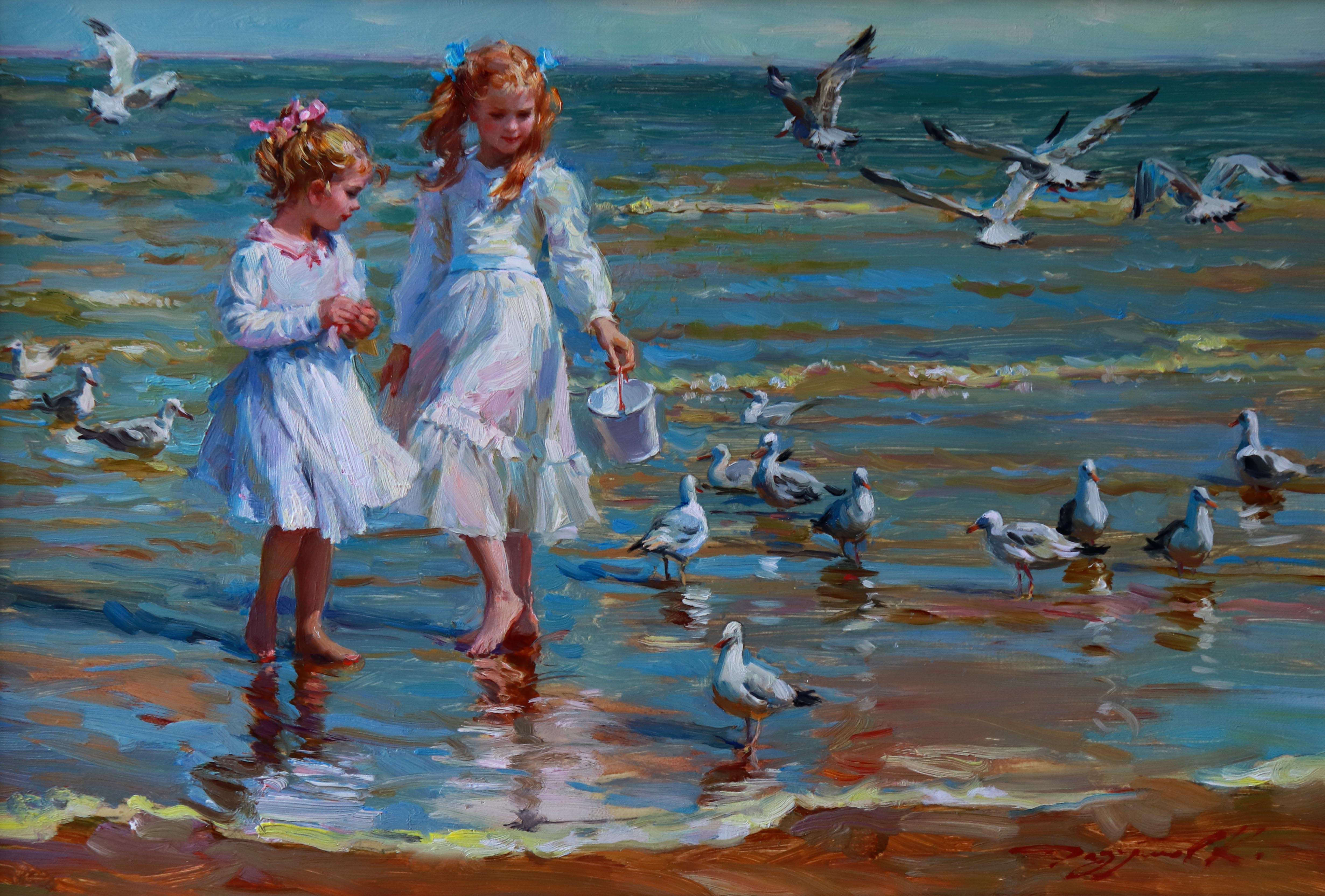 Konstantin Razumov (1974- ) Russian. "The Seagulls", Two Young Girls on a Beach, with Seagulls,