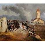 19th Century French School. A Napoleonic Battle Scene, with Figures on Horseback and a Church in the