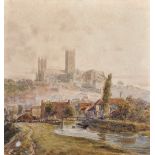 Attributed to Peter de Wint (1784-1849) British. A River Landscape, with Lincoln Cathedral,