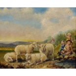19th Century English School. A River Landscape with Sheep, and Children Fishing in the foreground,