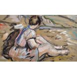 Andre Hambourg (1909-1999) French. A Beach Scene with a Seated Girl, Mixed Media, Signed, 11.75" x