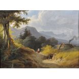 19th Century Italian School. A Mountainous Landscape, with Figures on a Path, Gouache 12" x 16",