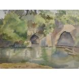 Enid Sybil Mills (1901-1985) British. A River Landscape, with the Arches of a Stone Bridge,