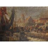 19th Century Dutch School. A Harbour Scene with Figures Unloading the Catch, Oil on Canvas, 29.25" x