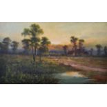 M... C... Hider (19th - 20th Century) British. "W. Evesham", A River Landscape at Dusk, with a