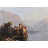 19th Century Swiss School. 'Chateau Chillon', with Sailing Boats on Lake Geneva and Mountains in the
