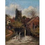 19th Century English School. A River Scene with a Watermill, and a Figure on a Path, Oil on Board,