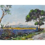 Joseph Bellia (1932-1999) Maltese. A River Landscape, with a distant view of Mdina in the