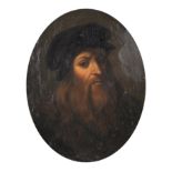 19th Century Italian School. A Portrait of Leonardo da Vinci, Oil on Metal, Oval, in a Carved