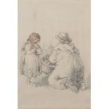 19th Century English School. A Young Child Standing by a Kneeling Woman holding a Basket, Pencil,