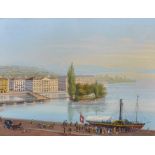 19th Century Swiss School. "Geneve", a View of Lake Geneva, with figures on the Waterfront by a