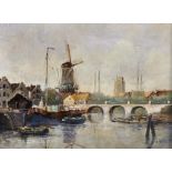 Anton Rutgers (1880-1949) Dutch. Boats on a River by a Stone Bridge, with a Windmill and Cathedral