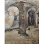Vittore Zanetti Zilla (1864-1946) Italian. "The Cellar Steps", A Mother and Child on the Steps,
