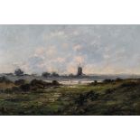 Harold Goldthwaite (1869-1932) British. A River Landscape at Dusk, with a Windmill in the