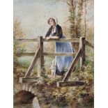 19th Century English School. A Young Girl and Cat, standing on a Bridge, Watercolour, Signed with