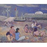 Fyffe Christie (1918-1979) British. "Brighton Beach", with Figures in the foreground, and the Pier