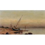 19th Century English School. Men Working on a Beached Sailing Boat, on the Shores of an Estuary, Oil