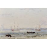 19th Century English School. A Shipping Scene, with a Buoy, and Figures in a Rowing Boat in the