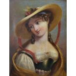 19th Century Italian School. Portrait of a Young Girl, wearing a Bonnet, Oil on Canvas, 10" x 8".