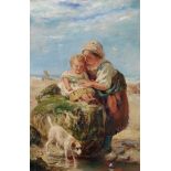 Circle of John James Hill (1811-1882) British. A Mother and Child on a Beach, with a Dog, Oil on