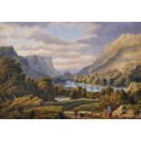19th Century English School. A Mountainous River Landscape, with a Shepherd and Flock in the