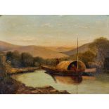 19th Century English School. A River Scene, with Figures in a Barge, Oil on Board, 6" x 8".