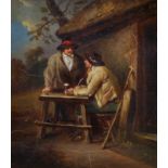 After George Morland (1763-1804) British. Two Men outside an Inn, Oil on Panel, bears Initials, 8" x