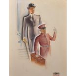 20th Century English School. An Illustration of a Porter hailing a Cab for a Gentleman, Watercolour,