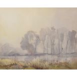 Ernest Savage (1906-2017) British. "Misty Morning, Pulborough", a Tranquil River Landscape,