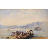 19th Century English School. An Italianate Mountainous River Landscape, with Figures and Boats in
