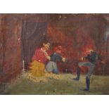 19th Century English School. Figures on Ice Skates in a Barn, Oil on unstretched Canvas, 12.5" x