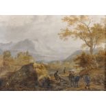Manner of Antonio Waardt (1689-1751) Dutch. 'Travellers in a Romantic Landscape', Watercolour, bears