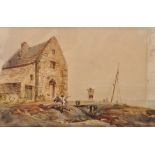 19th Century English School. Figures outside a Cottage, with the Sea in the distance, Watercolour,