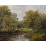 19th Century English School. A River Landscape, with a Figure in a Boat, Oil on Canvas, Indistinctly