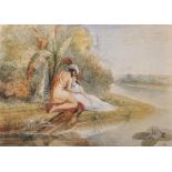 19th Century English School. Classical Figures by a River, Watercolour, Inscribed on reverse and