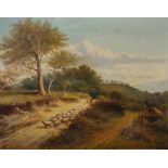 Albert Milton Drinkwater (1862-1923) British. A Landscape with a Woman and Dog, Herding Sheep, Oil