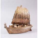 A GOOD JAPANESE MEIJI PERIOD SOLID SILVER & GILT TAKARABUNE / BOAT, with a mooving rudder and