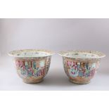 A PAIR OF 19TH CENTURY CHINESE CANTON FAMILLE ROSE PORCELAIN JARDINIERE'S, both with two panels