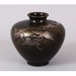A FINE QUALITY JAPANESE BRONZE & MIXED METAL ON LAID VASE, by the Nogawa factory, depicting flying