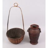 TWO FINE JAPANESE MEIJI PERIOD WOVEN BAMBOO IKEBANA BASKET ARTIST SIGNED, one woven basket with a