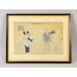 A GOOD FRAMED JAPANESE UKIYO-E / PRINT, depicting two figures stood facing each other wearing