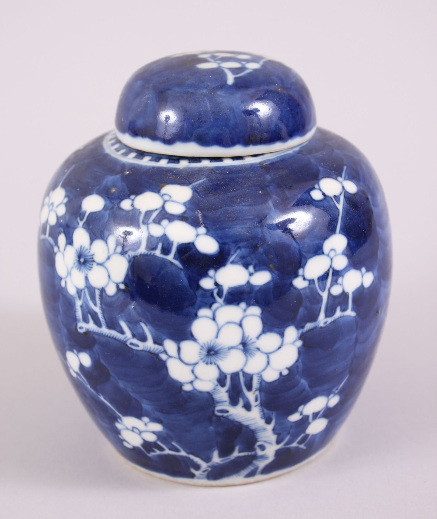 A 19TH CENTURY CHINESE BLUE & WHITE PRUNUS JAR & COVER, the base with a double blue ring, 14cm