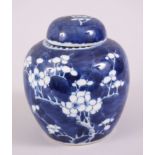 A 19TH CENTURY CHINESE BLUE & WHITE PRUNUS JAR & COVER, the base with a double blue ring, 14cm