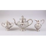 A GOOD 19TH CENTURY CHINESE EXPORT SILVER THREE PIECE BAMBOO FORMED TEA SET BY WOSHING, the body