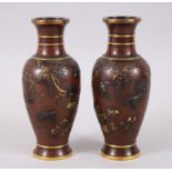 A PAIR OF GOOD JAPANESE MEIJI PERIOD BRONZE & MIXED METAL ON LAID VASES, the vases with scenes of