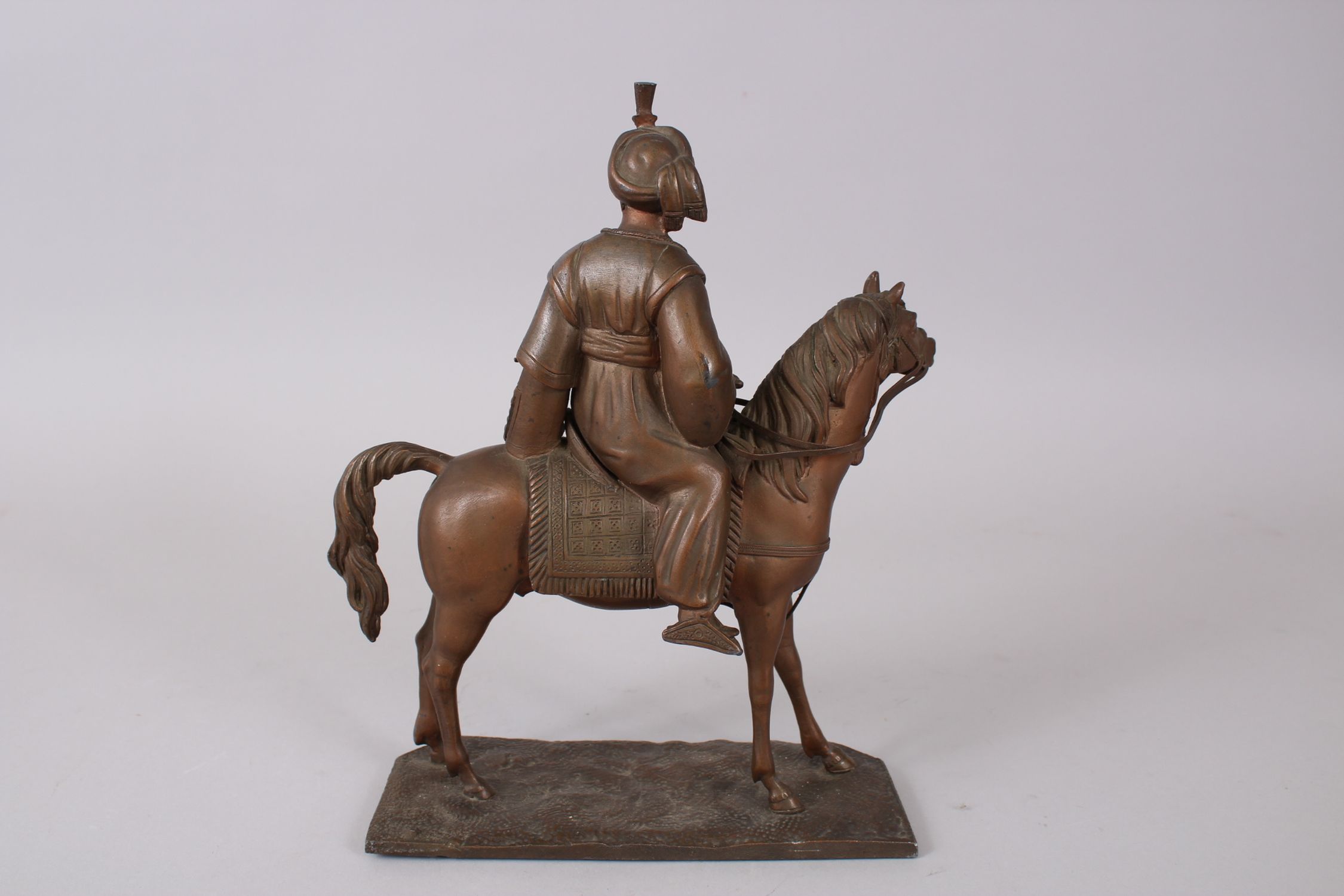 A GOOD BRONZE FIGURE OF A TURKISH MAN UPON HORSE, the figure seated sideways upon the horse - Image 4 of 8