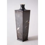 A FINE QUALITY JAPANESE MEIJI PERIOD SHAKUDO & MIXED METAL TAPERED VASE BY NOGAWA, the square