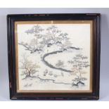 A LARGE 19TH CENTURY CHINESE EMBROIDERED SILK FRAMED PICTURE, depicting scenes of working figures