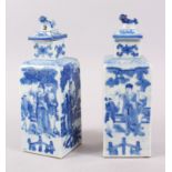 A PAIR OF 19TH CENTURY CHINESE BLUE & WHITE SQUARE FORM VASES AND COVERS, each side of the vase with