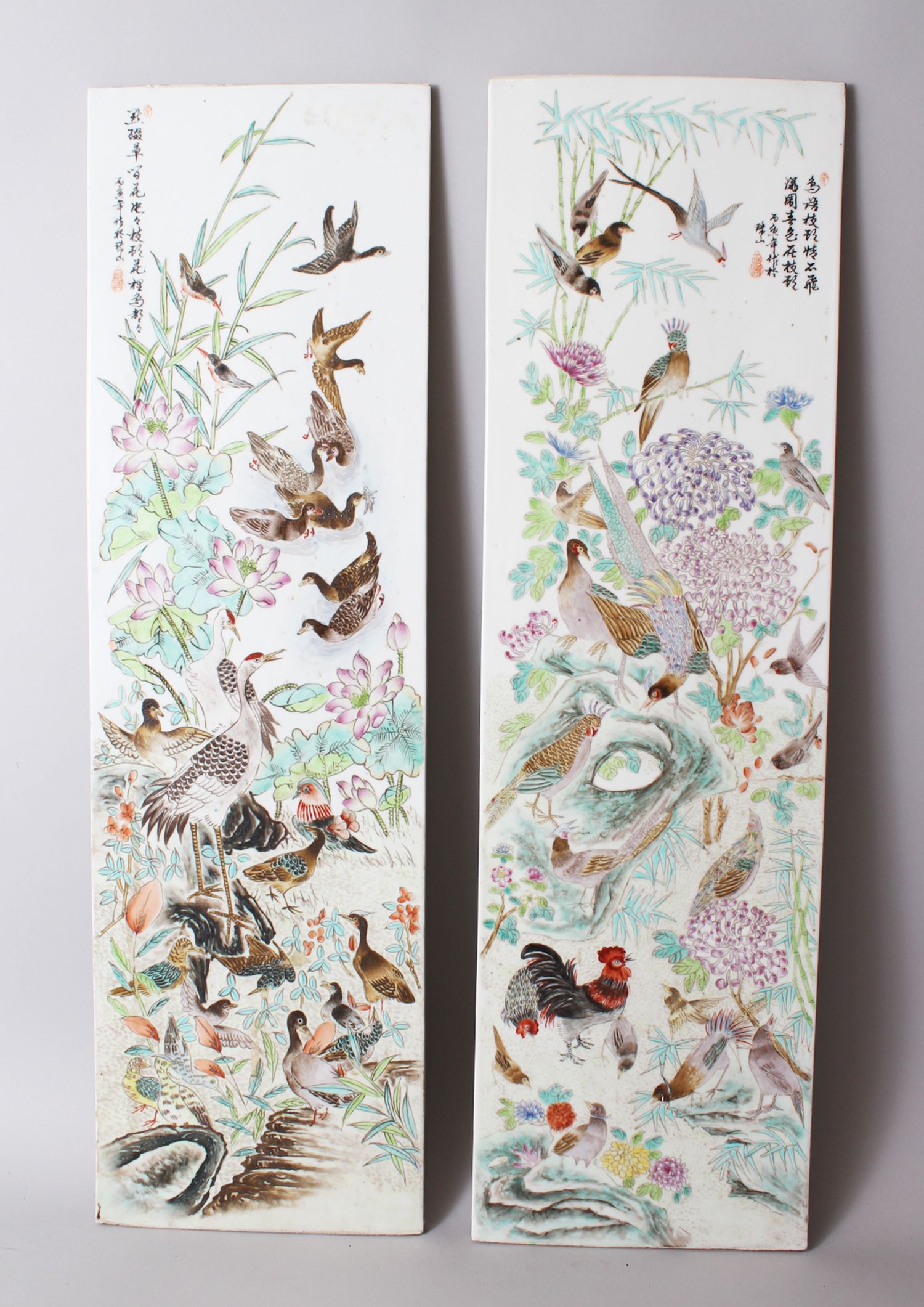 A PAIR OF CHINESE REPUBLIC FAMILLE ROSE PORCELAIN TILE / PLAQUES, both enamel decorated with